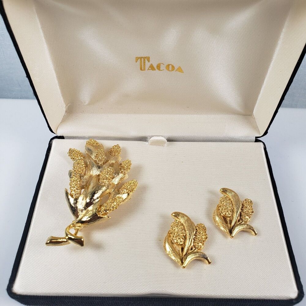 Vintage Flower Brooch Milo Gold Tone Pinecone Autumn Jewelry Brooch Earring Set